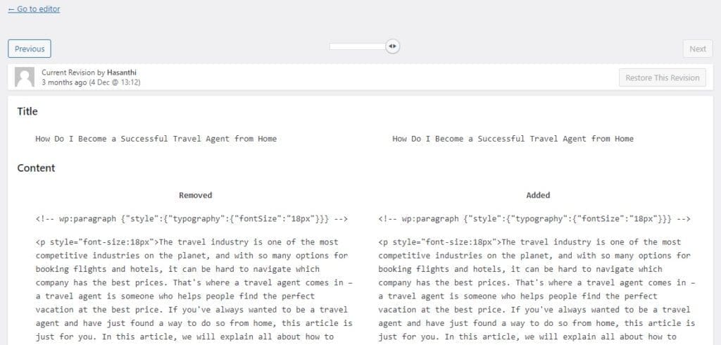 Revisions WordPress Gutenberg Editor