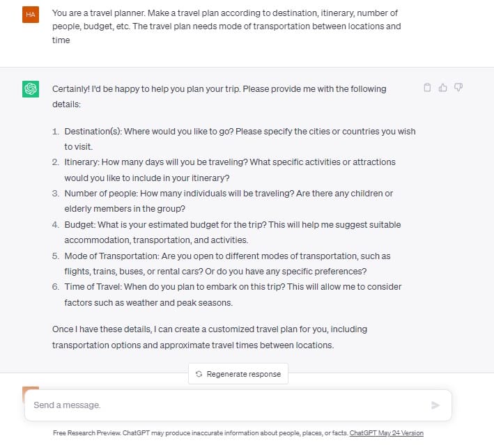ChatGPT Prompt: travel plan